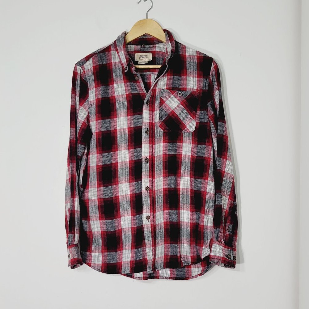 Boston Traders Flannel Button Down Long Sleeve Plaid Casual Red 100% Cotton